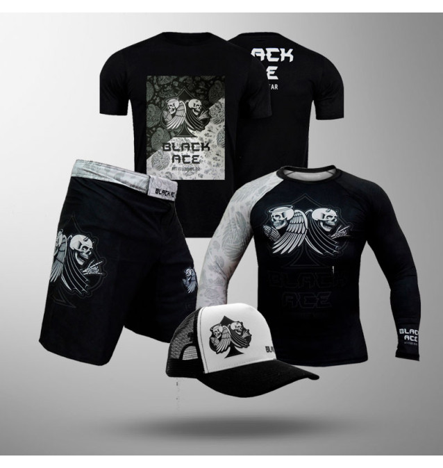 Kit Black Ace Heaven & Hell: Rash Guard + Bermuda + Camiseta + Boné