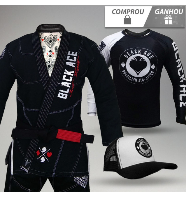 Kit: Kimono Black Ace Just Fight + Rash Guard + Boné + Bermuda de Brinde
