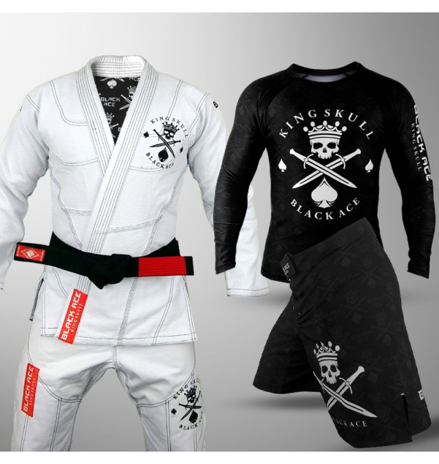 Kit: Kimono Black Ace King Skull + Rash Guard Black Ace + Bermuda Black Ace