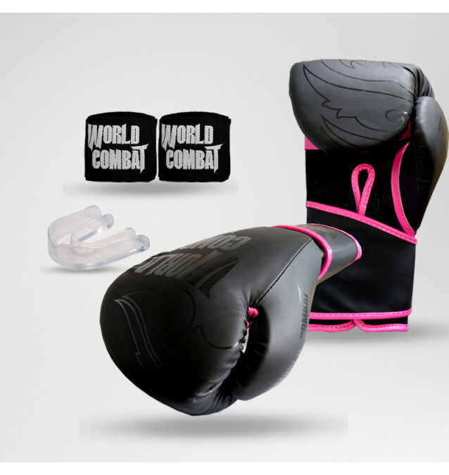 Kit: Luva World Combat Shock Black Pink + Bucal + Bandagem