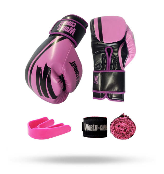 Kit: Luva World Combat Pro Serie Rosa + Bucal + Bandagem