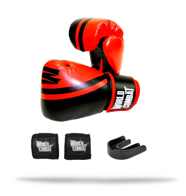 Kit Boxe: Luva World Combat Sport Training Vermelho + Bucal + Bandagem