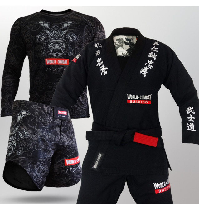 Kit: Kimono World Combat Bushido + Rash Guard Samurai Warrior + Bermuda Samurai Warrior