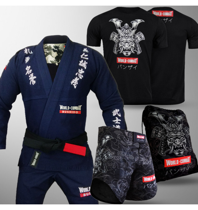 Kit: Kimono World Combat Bushido + Camiseta Samurai Warrior + Short Samurai Warrior + Mochila Samurai Warrior
