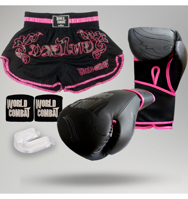 Kit: Luva World Combat Shock Black Pink + Short + Bucal + Bandagem