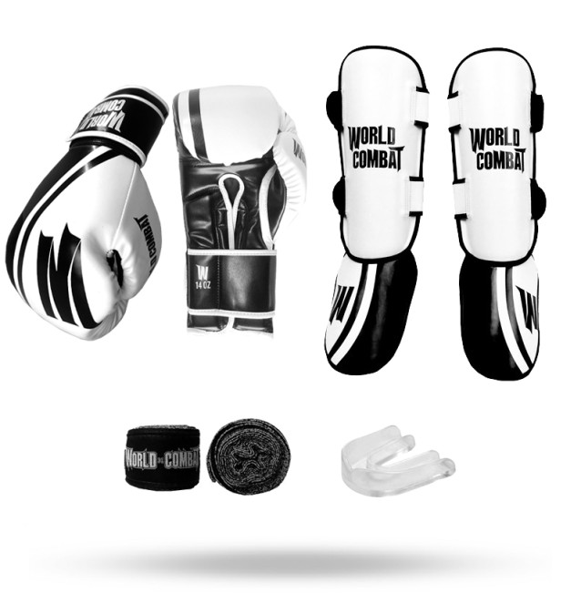 Kit Muay Thai: Luva World Combat Pro Serie + Bucal + Bandagem + Caneleira Profissional