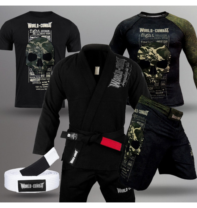 Kit Fight Division: Kimono World Combat BJJ+ Rash Guard + Camiseta + Bermuda + Faixa 
