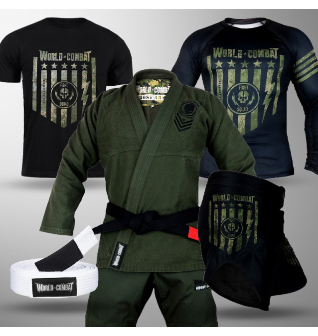 Kit Squad: Kimono World Combat Ghost Army + Rash Guard + Camiseta + Bermuda + Faixa
