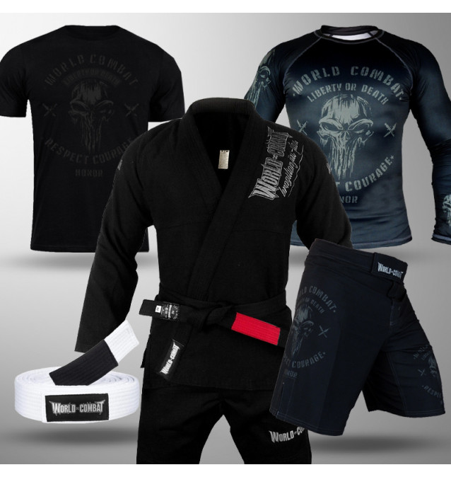 Kit Liberty or Death: Kimono World Combat BJJ+ Rash Guard + Camiseta + Bermuda + Faixa 