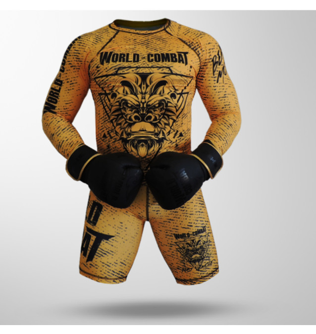 Kit Fight: Luva World Combat Shock + Bucal + Bandagem + Short Compressão + Rash Guard
