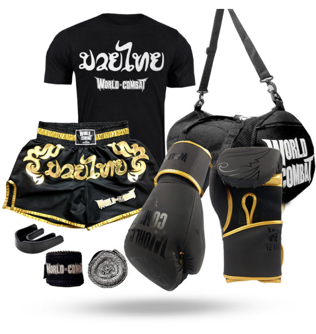 Kit Fight: Luva World Combat Shock + Bucal + Bandagem + Short Muay Thai + Bolsa + Camiseta