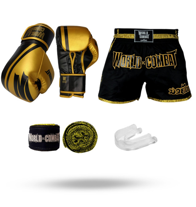 Kit: Luva World Combat Pro Serie + Bucal + Bandagem + Short Muay Thai Retro 