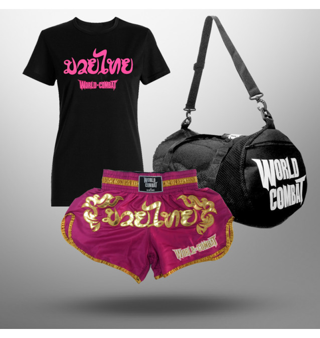 Kit: Short Muay Thai World Combat Pink + Bolsa World Combat Fight Camp + Camiseta Feminina Muay Thai