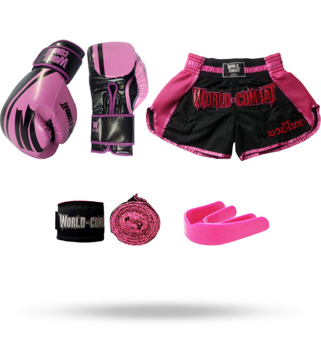 Kit Muay Thai: Luva World Combat Pro Serie Rosa + Bucal + Bandagem + Short Muay Thai Retro