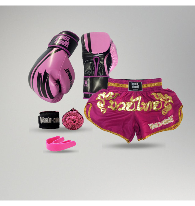 Kit Muay Thai Feminino: Luva World Combat Pro Serie Rosa + Bucal + Bandagem + Short World Combat