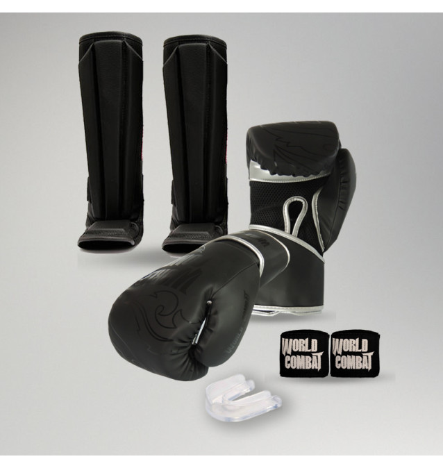 Kit Muay Thai: Luva World Combat Shock Black Silver + Caneleira + Bucal + Bandagem