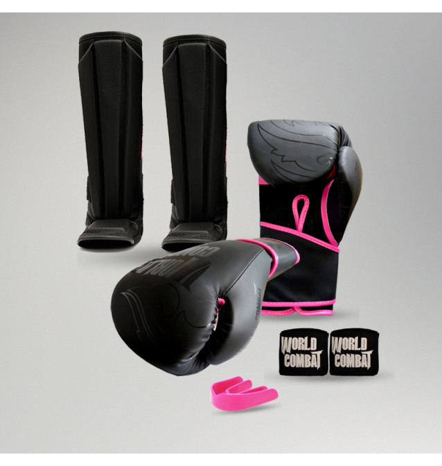 Kit Muay Thai: Luva World Combat Shock Black Pink + Caneleira + Bucal + Bandagem