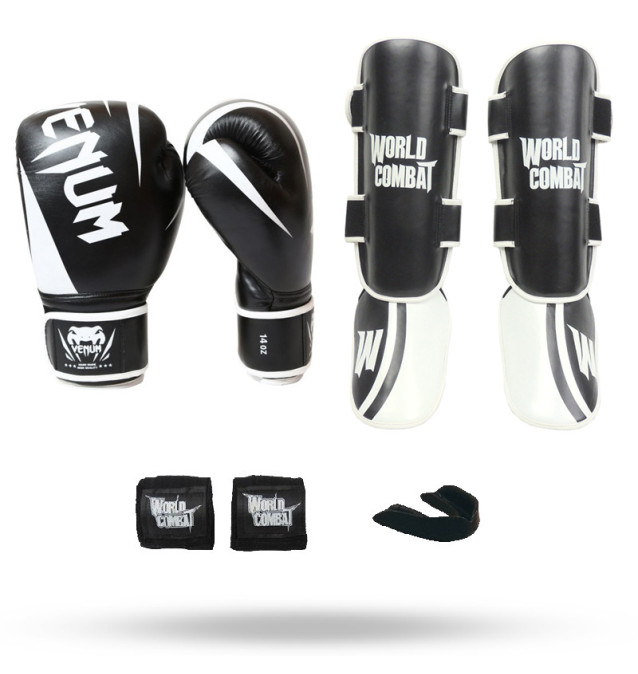 Kit Muay Thai Luva Venum Challenger Preto + Bucal + Bandagem + Caneleira Pro World Combat