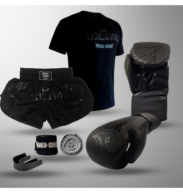 Kit Fight: Luva World Combat Shock + Bucal + Bandagem + Short Muay Thai + Camiseta
