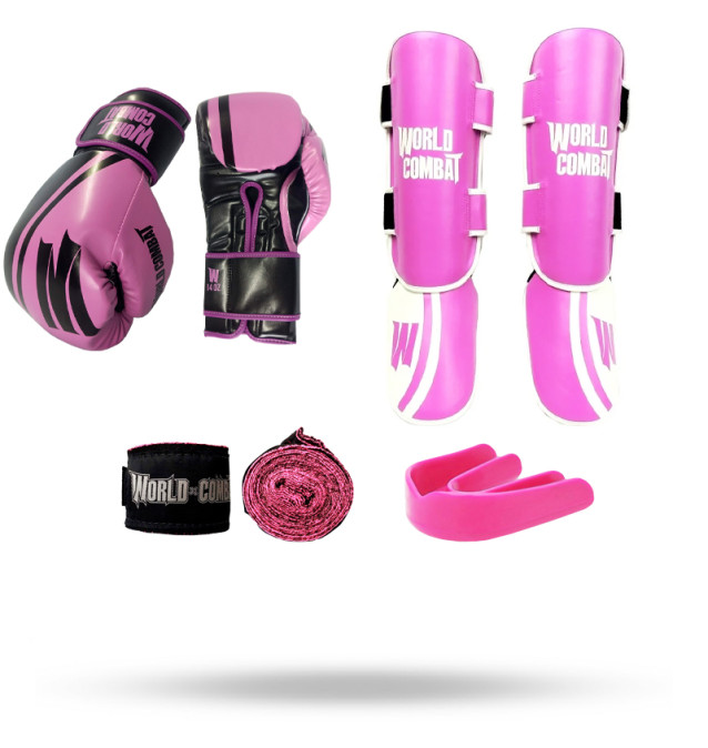 Kit Feminino: Luva World Combat Pro Serie Rosa + Bucal + Bandagem + Caneleira Profissional