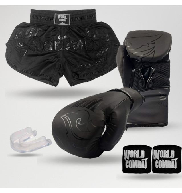 Kit: Luva World Combat Shock Black Black + Short + Bucal + Bandagem