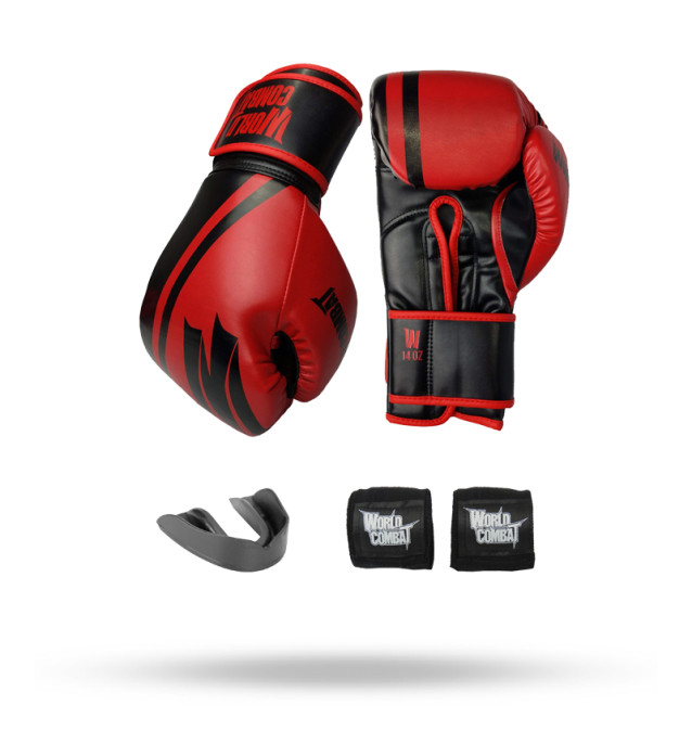Kit: Luva World Combat Pro Serie Vermelho + Bucal + Bandagem