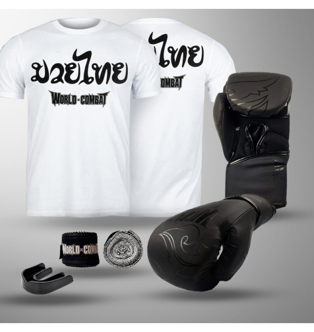 Kit Fight: Luva World Combat Shock + Bucal + Bandagem + Camiseta Muay Thai