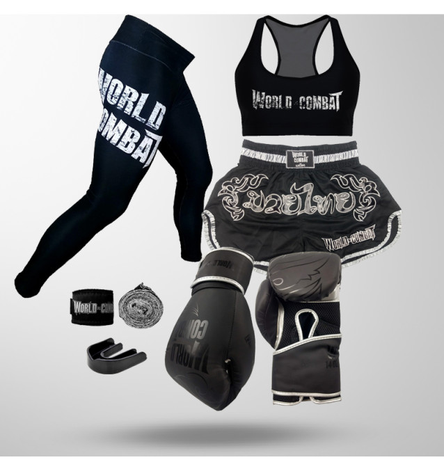 Kit: Luva World Combat Shock + Bucal + Bandagem + Short Muay Thai + Calça Legging + Top