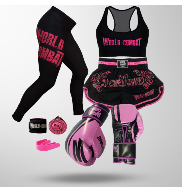 Kit: Luva World Combat Pro Serie + Bucal + Bandagem + Short Muay Thai + Calça Legging + Top