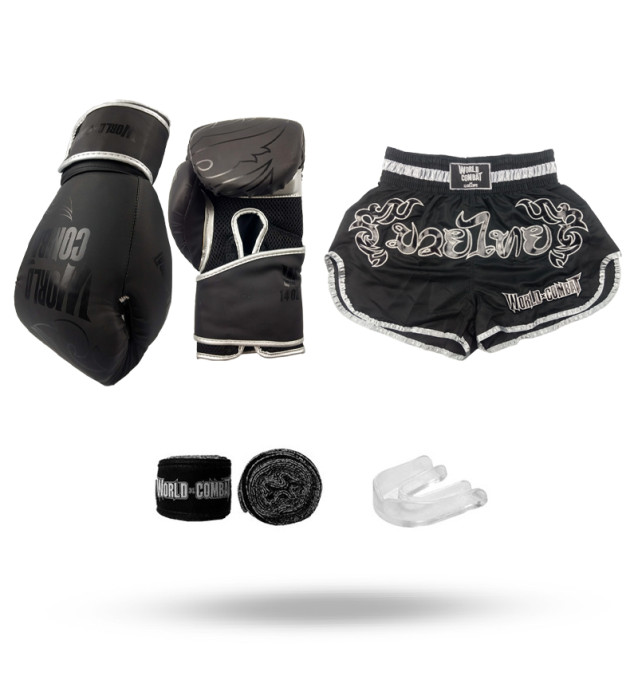 Kit: Luva World Combat Shock Black Silver + Short + Bucal + Bandagem