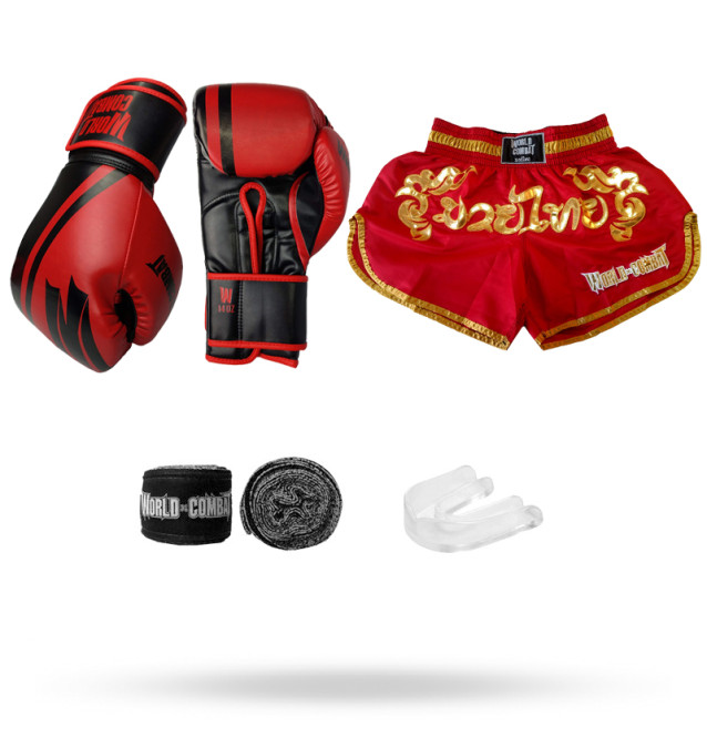Kit Muay Thai: Luva World Combat Pro Serie + Bucal + Bandagem + Short Muay Thai Red Gold