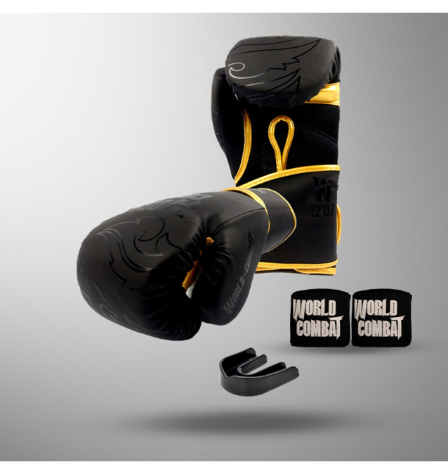 Kit: Luva World Combat Shock Black Gold + Bucal + Bandagem
