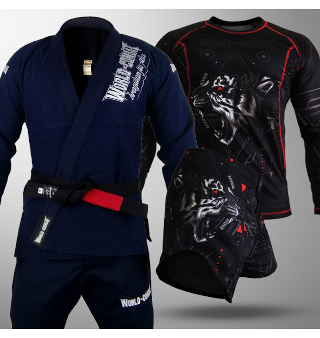 Kit: Kimono World Combat BJJ + Rash Guard Black Tiger + Short Black Tiger