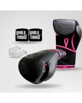 Kit: Luva World Combat Shock Black Pink + Bucal + Bandagem