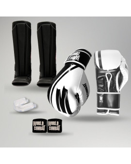 Kit: Luva World Combat Pro Serie Preto e Branco + Bucal + Bandagem + Caneleira World Combat