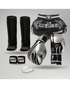 Kit Fight: Luva World Combat Pro Serie + Bucal + Bandagem + Short Muay Thai + Caneleira