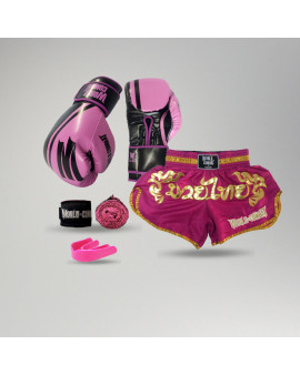 Kit Muay Thai Feminino: Luva World Combat Pro Serie Rosa + Bucal + Bandagem + Short World Combat