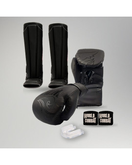 Kit Muay Thai: Luva World Combat Shock Black Black + Caneleira + Bucal + Bandagem