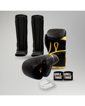 Kit Muay Thai: Luva World Combat Shock Black Gold + Caneleira + Bucal + Bandagem