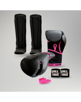 Kit Muay Thai: Luva World Combat Shock Black Pink + Caneleira + Bucal + Bandagem