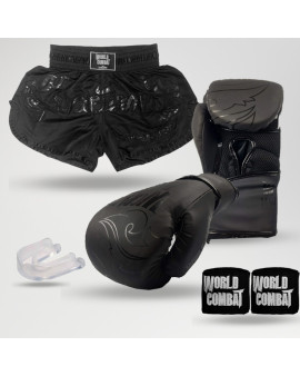 Kit: Luva World Combat Shock Black Black + Short + Bucal + Bandagem