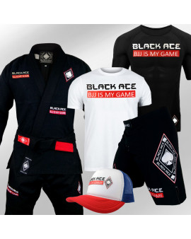 Kit Black Ace BJJ Is My Game: Kimono + Rash Guard + Bermuda + Camiseta + Boné 
