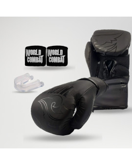 Kit: Luva World Combat Shock Black Black + Bucal + Bandagem