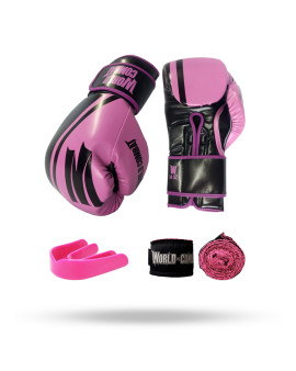 Kit: Luva World Combat Pro Serie Rosa + Bucal + Bandagem