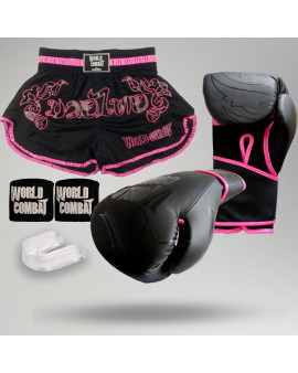 Kit: Luva World Combat Shock Black Pink + Short + Bucal + Bandagem