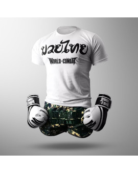 Kit: Luva World Combat Pro Serie + Bucal + Bandagem + Short Muay Thai Army Ghost + Camiseta
