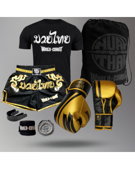 Kit Fight: Luva World Combat Pro Serie + Bucal + Bandagem + Short Muay Thai + Mochila + Camiseta