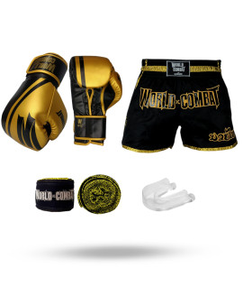 Kit: Luva World Combat Pro Serie + Bucal + Bandagem + Short Muay Thai Retro 