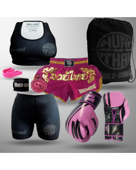 Kit: Luva World Combat Pro Serie + Bucal + Bandagem + Short Muay Thai + Mochila + Top + Short Compressão