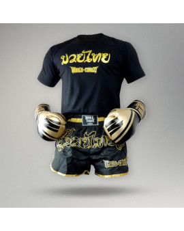 Kit Fight: Luva World Combat Pro Serie + Bucal + Bandagem + Short Muay Thai + Camiseta